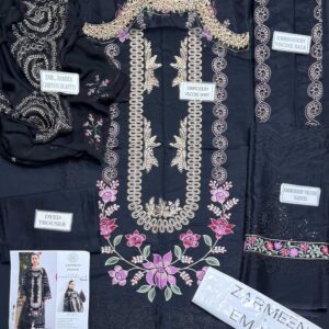 Zarmeen Emaan Artical-939 Fancy Embroidered Shirt Front Back Sleeves Daman Patch Neckline With Premium Viscose Trouser And Pure Bamber Chiffon Dupatta
