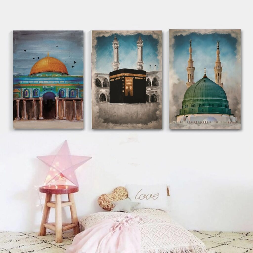 3 pcs islamic Holiest Sites Representation Wallmate set for Home Decoration. Wall Decoration for Home and Office