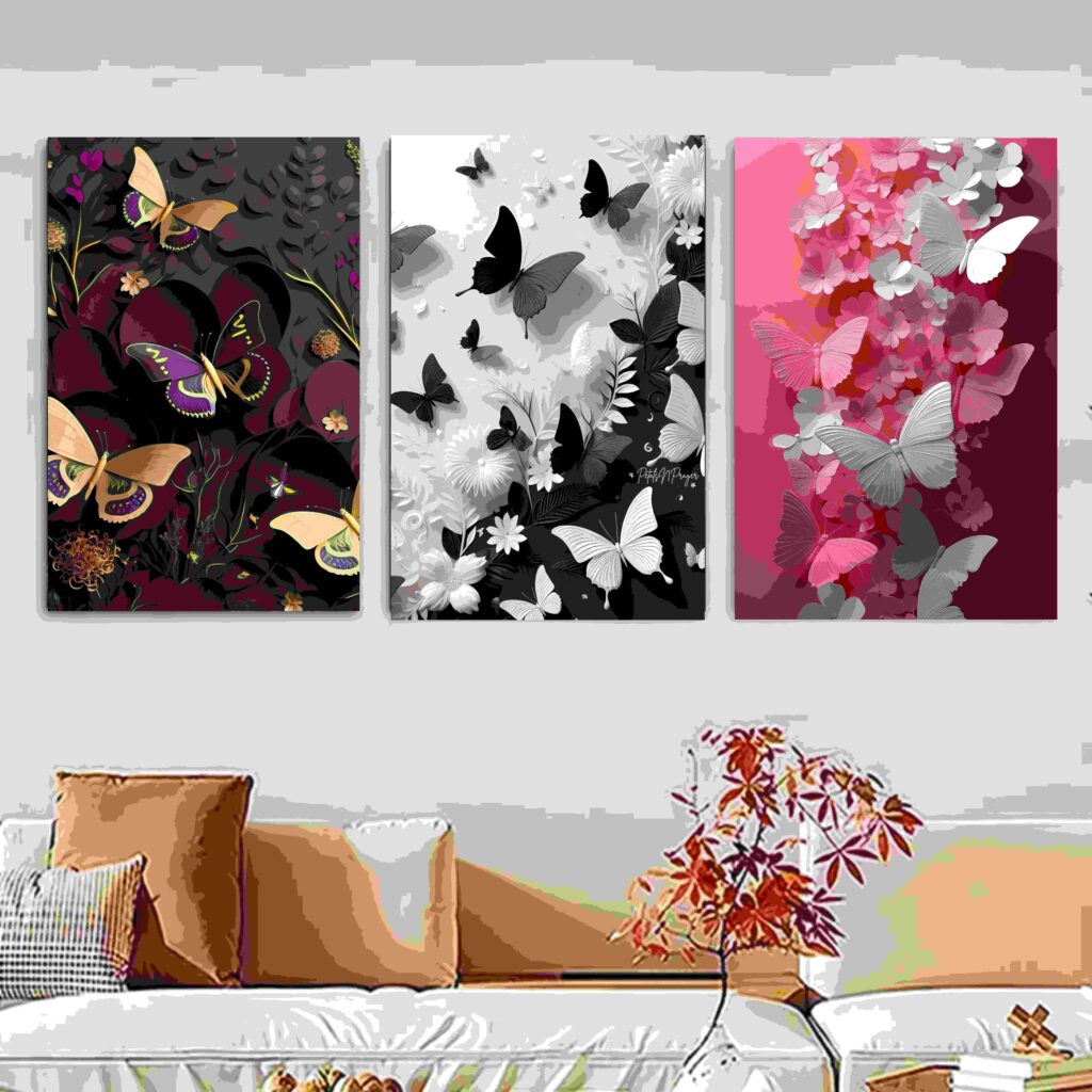 set of 3 Butterfly art wooden frames for wall decoration / sticky photo tile