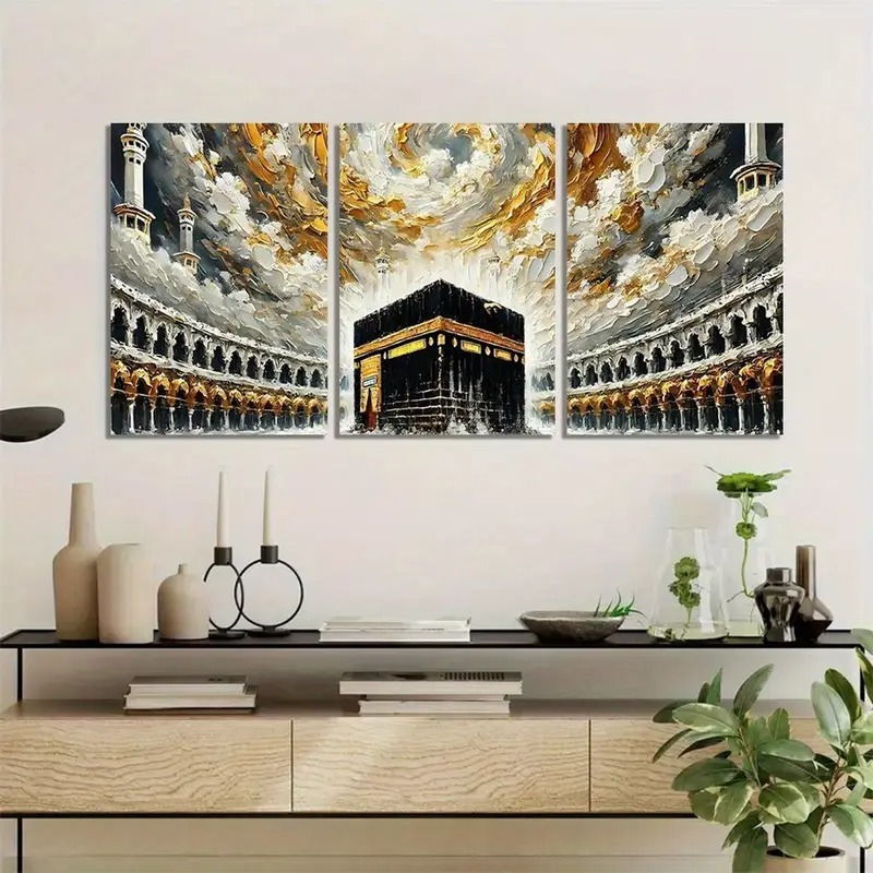 Khana Kaba Wooden Wall Art – 3 Piece Islamic Frame Set Made With Wooden Stickytile, Each Frame 8x11 Inches, Easy To Install With Included Double Tape
