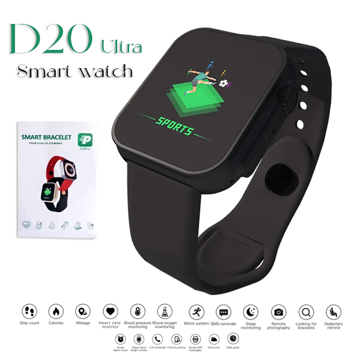 D20 Ultra Fitness Smart Bracelet Watch – Bluetooth Heart Rate & Blood Pressure Monitor (Black)