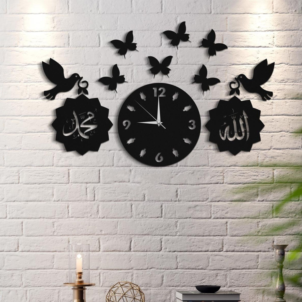 Allah Muhammad with beautiful butterfly  Wooden Wall Clock Islamic 3D Style Wooden Wall Clock with light