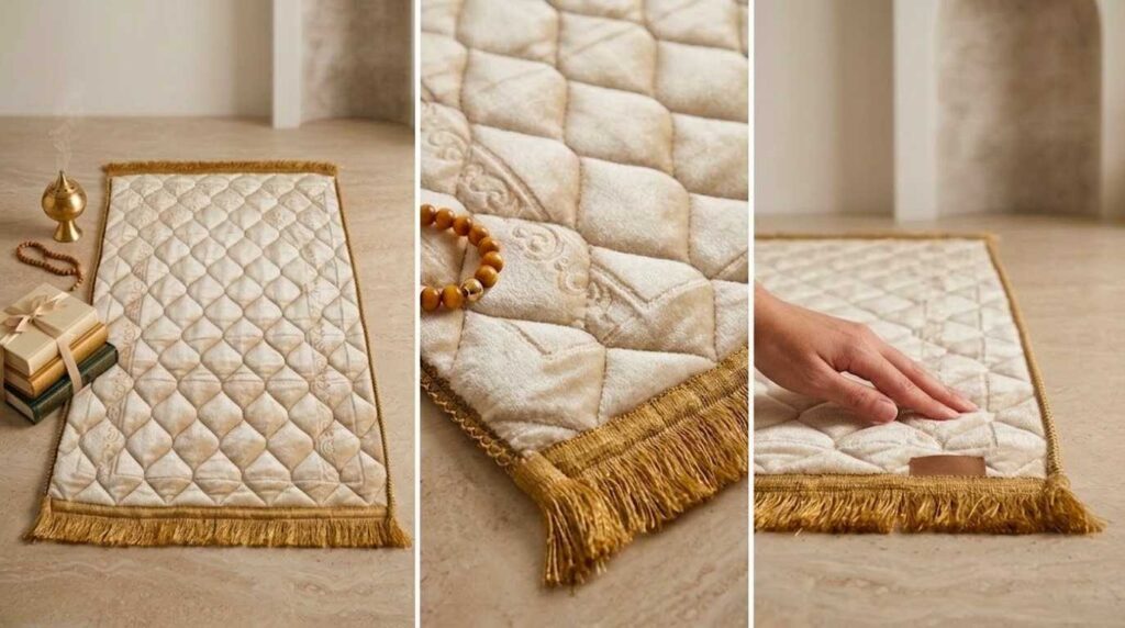 Royal Cream Embossed Velvet Prayer Mat (Janamaz)