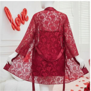 Soft Lace Robe & Silk Inner – 2 Piece Transparent Net Gown Set | Free Size (Fits Up to 38” Chest)