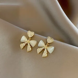 Heart Bow Zircon Korean Stud Earrings for Women – Elegant Golden Alloy Earrings Without Box