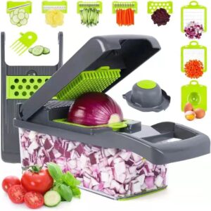 Vegetable Chopper 16 Pcs Set – Manual Onion Chopper, Food Slicer, Dicer, Grater & Potato Cutter with Handle – Multi-Function Kitchen Tool