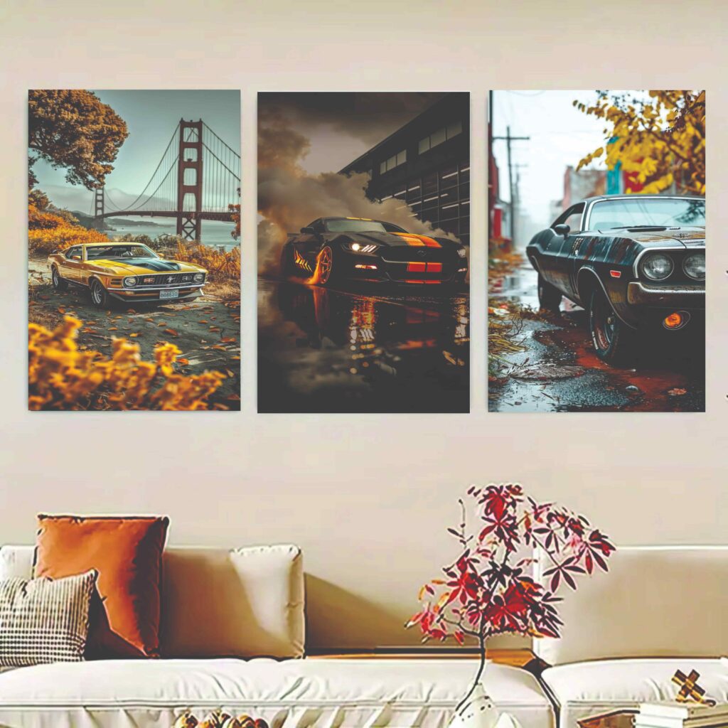 Set Of 3 Luxary Cars Sticky Canvas Frames For Wall Decore / Sticky Phototiles