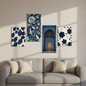 Set of 4 Blue & White Botanical & Architectural Wall Tiles | Wooden Sticky | 8x16" & 8x11" | Double Tape Included