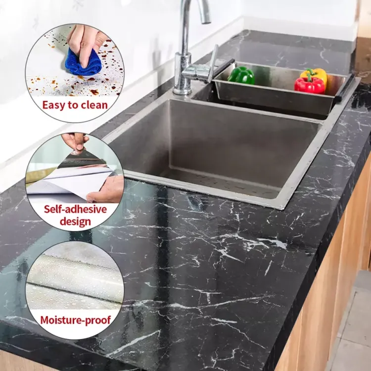Self Adhesive Black Marble Sheet for Kitchen / Waterproof Anti Oil & Heat Resistant Wallpaper Sheet (Black)