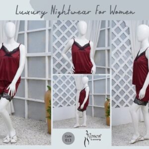 Women's Silk Nightwear Set with Black Lace – 2 Piece Cami Top & Shorts Sleepwear (Free Size) [SKU R-012]