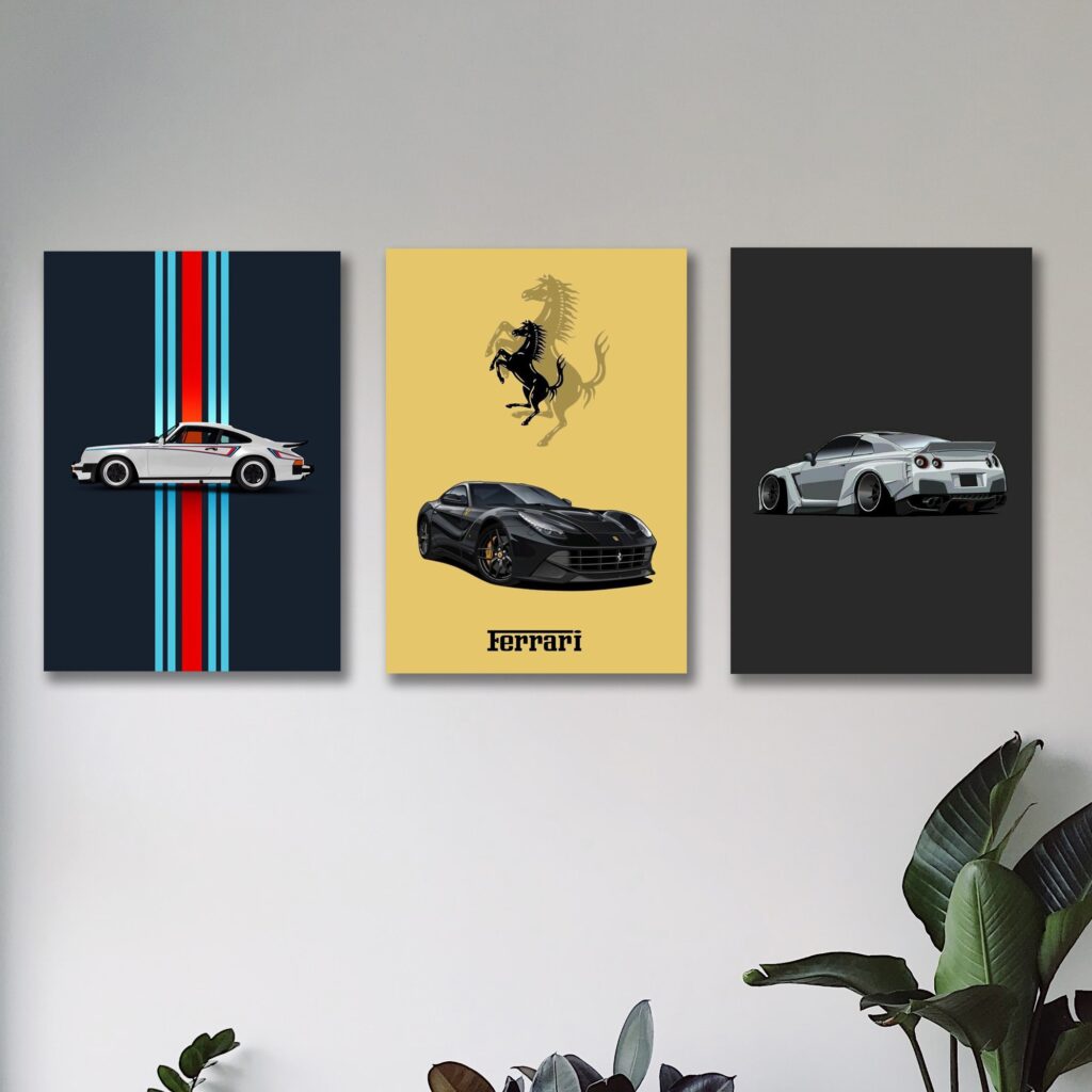 set of 3 sports cars wooden canvas frames for wall decore / sticky phototiles