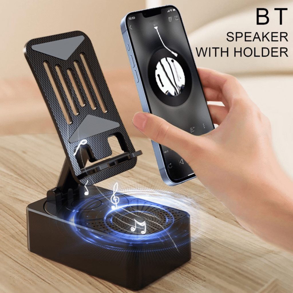 3-in-1 Rotating Foldable Mobile Phone Stand with Built-in Bluetooth Speaker – Adjustable Desktop Holder for Smartphones