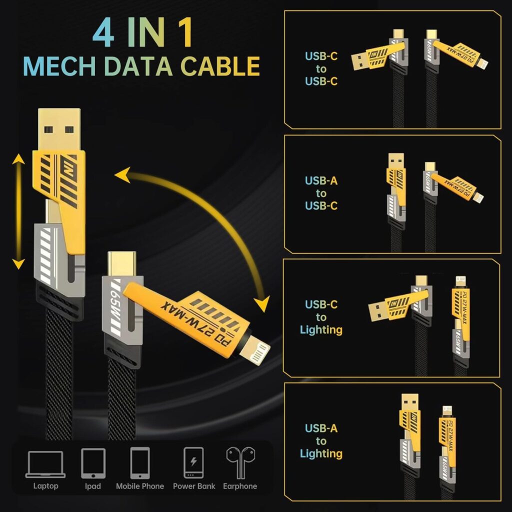 4 In 1 Data Cable – USB-A & USB-C to Lightning, Fast Charging Braided Cable