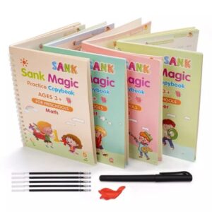 Pack of 4 Sank Magic book Practice | Tracing Handwriting First Pre-school Baby Learning Books for Kids (Books + Magic Pen with 10 Ink Refills)