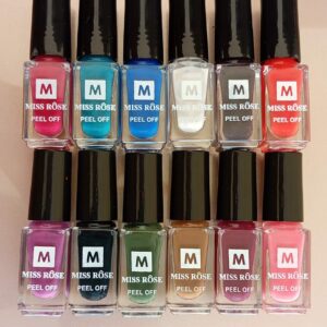 12 Pcs Miss Rose Peel Off Nail Paint Set – Assorted Colors Easy to Apply Nail Polish