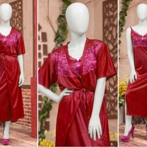 2 Pcs Luxury Satin & Lace Robe Nighty Set – Sensual Silk Gown for Women SKU R-003 Free Size