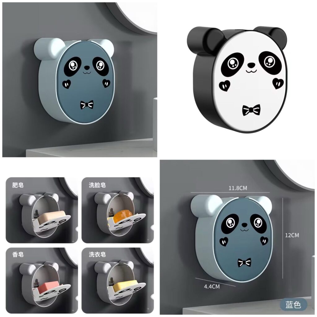 Wall Mounted Cute Panda Soap Dish Holder  – Punch-Free Plastic Soap Box Rack for Bathroom & Kitchen Storage (Random color)