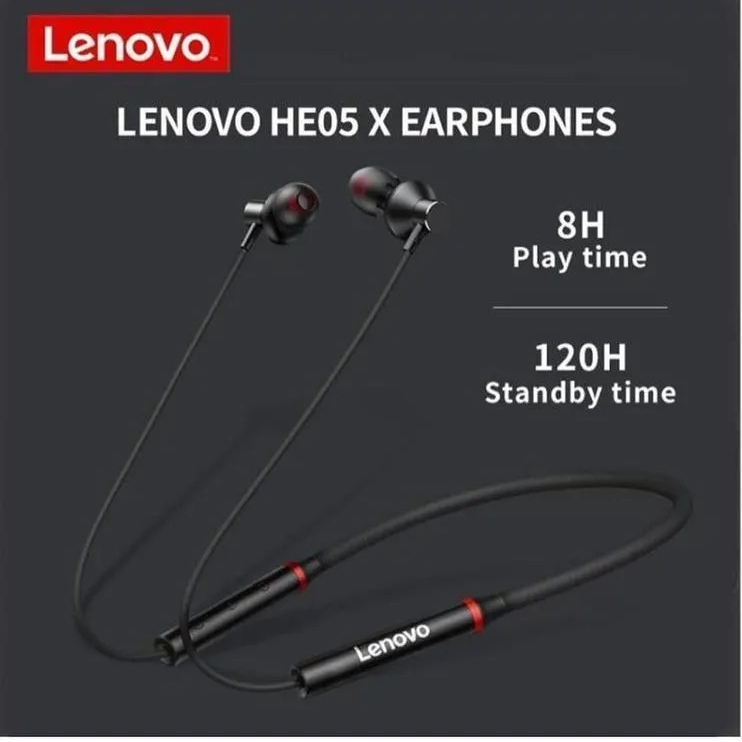 Lenovo HE05X Bluetooth 5.0 Magnetic Neckband Earphones with Mic – 8 Hours Playtime, Sweatproof Sports Headset