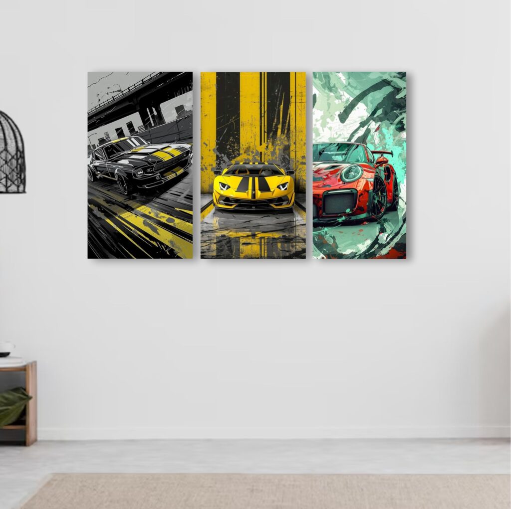 Set Of 3 Cars Art Wooden Frames For Wall Decoration / Sticky Photo Tiles