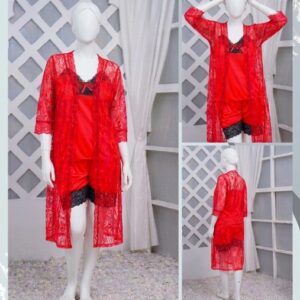 3 Pcs Luxurious Silk & Net Black Lace Women's Sleepwear Set Top Short & Gown Nightwear (Free Size)