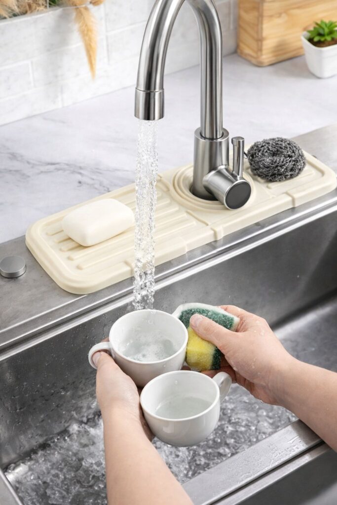 Sink Faucet Mat | Faucet Absorbent Mat Silicon Kitchen Sink Splash Guard Drain Pad | Soap Holder (Random Color)